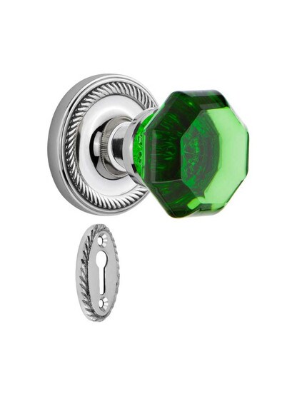 Rope Rosette Mortise Lock Set with Colored Waldorf Crystal Glass Knobs Emerald in Polished Chrome.